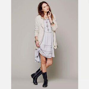 Free People Dusty Blue Embroidered Tiered Garze Romantic Open Back Midi Dress  M